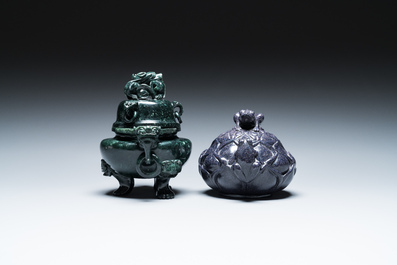 A Chinese emerald green jadeite 'birds' group, a goldstone Buddha, a carnelian group and two censers, 19/20th C.
