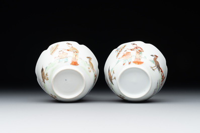 A pair of Chinese eggshell white-glazed cups and saucers, and two famille rose cups, 18th C.