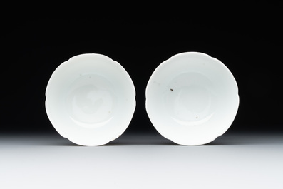 A pair of Chinese eggshell white-glazed cups and saucers, and two famille rose cups, 18th C.