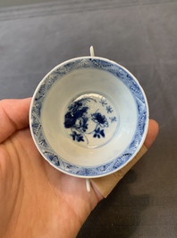 A rare Chinese blue and white 'qilin and phoenix' cup with handles, Kangxi