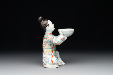 A Chinese famille rose figure of a lady presenting a bowl, Qianlong