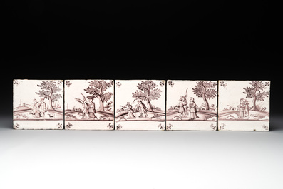 14 blue, white and manganese Dutch Delft tiles, 18th C.