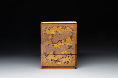 A Japanese lacquerware picnic set with two sake bottles, Meiji, 19th C.