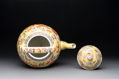 A large Chinese yellow-ground famille rose 'dragons among the clouds' teapot, Qianlong mark, 20th C.