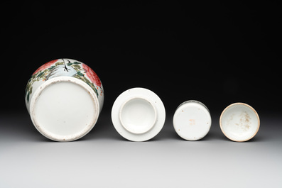A Chinese famille rose sweetmeat set, a covered jar, a covered box and a jardini&egrave;re, 19th C.