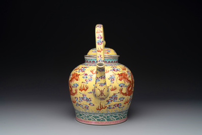 A large Chinese yellow-ground famille rose 'dragons among the clouds' teapot, Qianlong mark, 20th C.