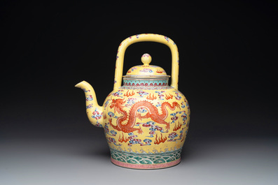 A large Chinese yellow-ground famille rose 'dragons among the clouds' teapot, Qianlong mark, 20th C.