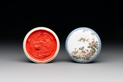 Three Chinese famille rose 'bird and flower' seal paste boxes, Qianlong mark, 20th C.