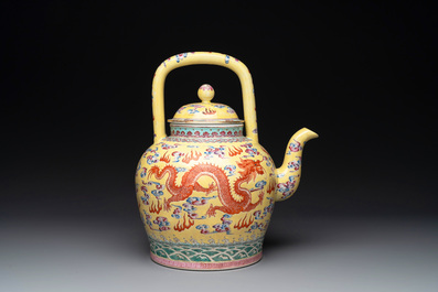 A large Chinese yellow-ground famille rose 'dragons among the clouds' teapot, Qianlong mark, 20th C.