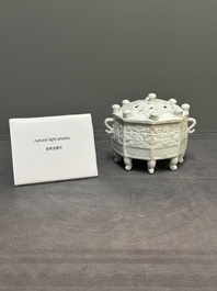 A Chinese Dehua blanc de Chine 'Marco Polo' censer and cover, Kangxi
