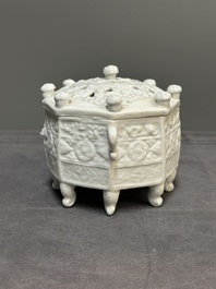 A Chinese Dehua blanc de Chine 'Marco Polo' censer and cover, Kangxi