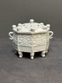 A Chinese Dehua blanc de Chine 'Marco Polo' censer and cover, Kangxi