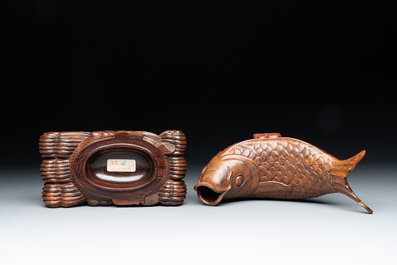 A small Kutani porcelain incense burner, two wooden sculptures, and a shagreen glasses case, Japan, Meiji, 19/20th C.