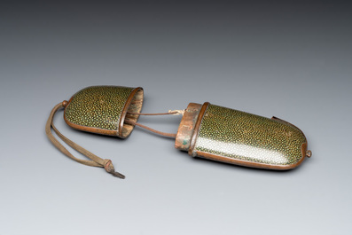 A small Kutani porcelain incense burner, two wooden sculptures, and a shagreen glasses case, Japan, Meiji, 19/20th C.