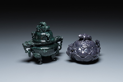 A Chinese emerald green jadeite 'birds' group, a goldstone Buddha, a carnelian group and two censers, 19/20th C.