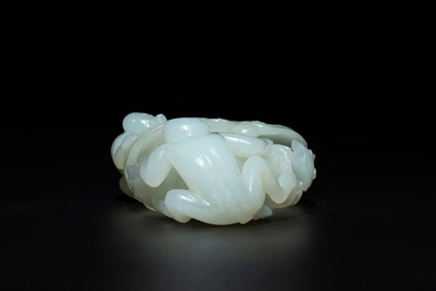 A Chinese white jade 'monkey and lingzhi' brush washer, 19/20th C.