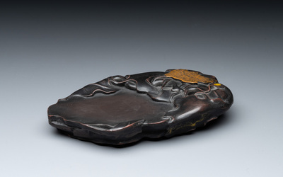 A Chinese archaistic bronze 'you 卣' vessel and cover, an inkstone and two calligraphy brushes, 20th C.