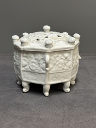 A Chinese Dehua blanc de Chine 'Marco Polo' censer and cover, Kangxi