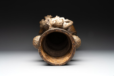 An Art Nouveau terracotta 'Amorous Couple' vase by  Adolphe-Jean Lavergne for Goldscheider, ca. 1900
