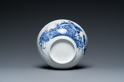 A Chinese blue and white bowl with floral design and a famille verte yellow-ground 'bamboo' bowl, Tongzhi mark, 18/19th C.
