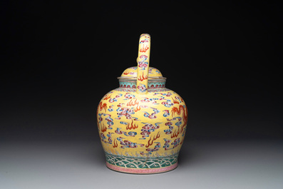 A large Chinese yellow-ground famille rose 'dragons among the clouds' teapot, Qianlong mark, 20th C.
