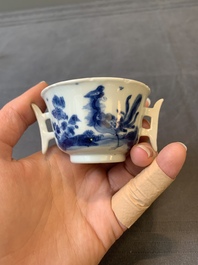 A rare Chinese blue and white 'qilin and phoenix' cup with handles, Kangxi