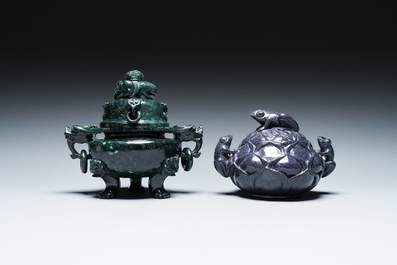 A Chinese emerald green jadeite 'birds' group, a goldstone Buddha, a carnelian group and two censers, 19/20th C.