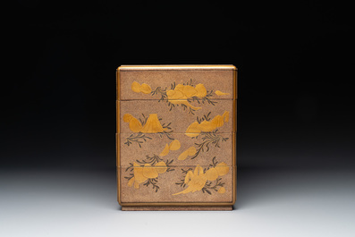 A Japanese lacquerware picnic set with two sake bottles, Meiji, 19th C.