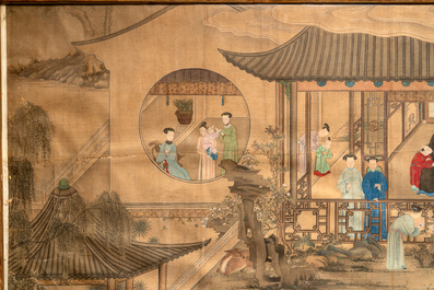 Chinese School: 'Vibrant court scene with an emperor', ink and colour on silk, 18th C.