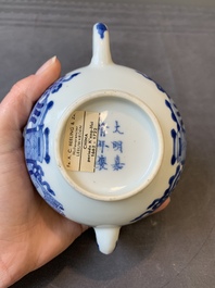 A Chinese blue and white 'antiquities' teapot, Jiajing mark, Kangxi