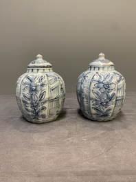 A pair of Chinese blue and white jarlets and covers with figural and floral design, Wanli