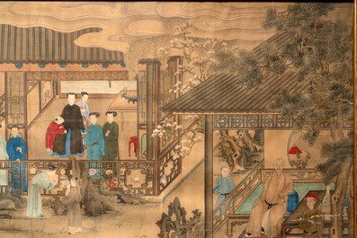 Chinese School: 'Vibrant court scene with an emperor', ink and colour on silk, 18th C.