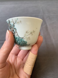 A fine Chinese falangcai 'peacock and plum blossom' cup, Yongzheng mark and of the period