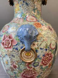 A Chinese famille rose 'millefleurs' vase mounted as lamp, Qianlong mark, Republic