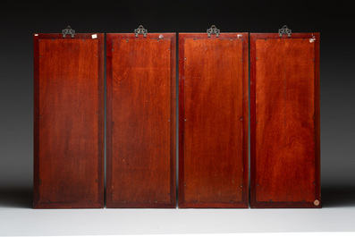 A set of four Chinese wooden panels with precious stones, 20th C.