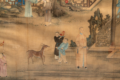 Chinese School: 'Vibrant court scene with an emperor', ink and colour on silk, 18th C.