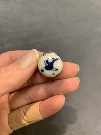 A pair of Chinese blue and white soft paste '100 boys' covered jarlets and a seal paste box, Kangxi mark, 19th C.