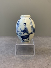 A Chinese blue and white 'ladies playing go' tea caddy and cover, Kangxi