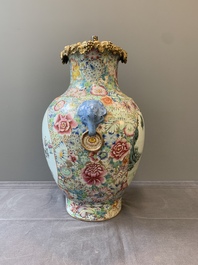 A Chinese famille rose 'millefleurs' vase mounted as lamp, Qianlong mark, Republic