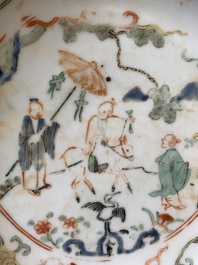 A Chinese wucai shipwreck plate with figures in a landscape, Wanli