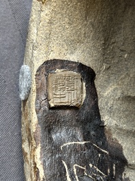 A Chinese Shiwan flamb&eacute;-glazed figure of a Luohan, Deng 邓 seal mark, dated 1927