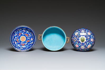 A Chinese Canton enamel three-piece warming bowl or tureen, Qianlong