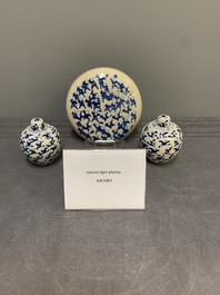 A pair of Chinese blue and white soft paste '100 boys' covered jarlets and a seal paste box, Kangxi mark, 19th C.
