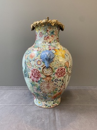 A Chinese famille rose 'millefleurs' vase mounted as lamp, Qianlong mark, Republic
