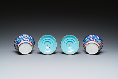 A pair of Chinese Canton enamel bowls and covers with floral design, Qianlong