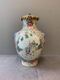 A Chinese famille rose 'millefleurs' vase mounted as lamp, Qianlong mark, Republic
