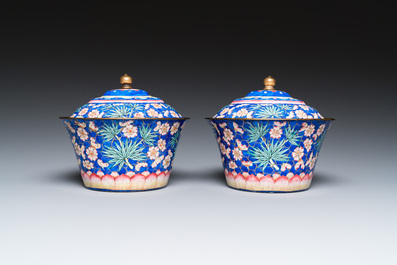 A pair of Chinese Canton enamel bowls and covers with floral design, Qianlong
