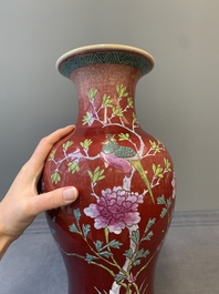 A Chinese flamb&eacute;-glazed famille-rose-decorated vase, 19th C.