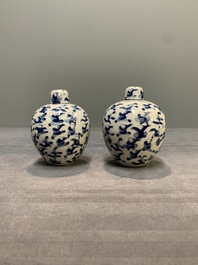 A pair of Chinese blue and white soft paste '100 boys' covered jarlets and a seal paste box, Kangxi mark, 19th C.