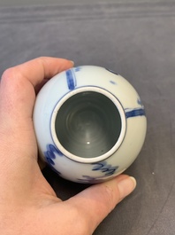 A Chinese blue and white 'ladies playing go' tea caddy and cover, Kangxi